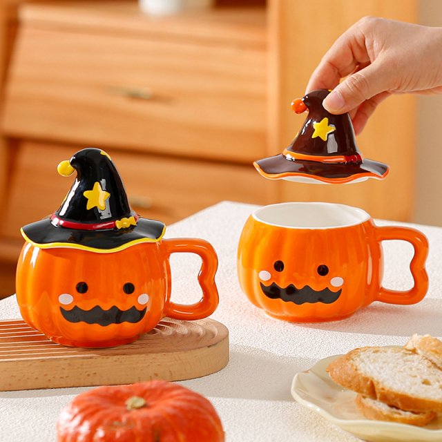 European Ceramic Pumpkin Coffee Mug with Lid – Creative Halloween Gift
