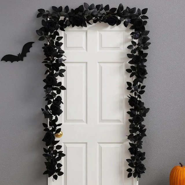 Black Halloween Rose Vine Garland with Realistic Artificial Flowers 69in