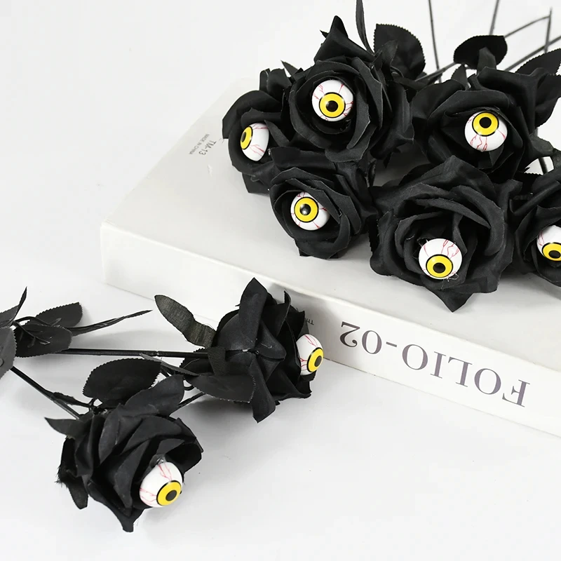 Halloween Black Rose with Eyeball – Scary Silk Flower Decor (5pcs) - Image 2