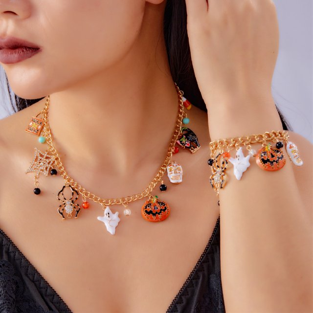 Halloween Gothic Spider Web Pumpkin Cat Ghost Skeleton Pendant Necklace