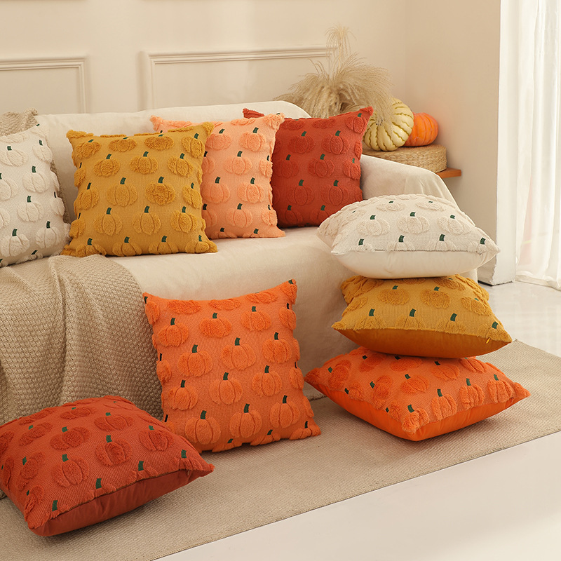 Autumn Pumpkin Embroidered Plush Cushion Covers Set of 2 – 18x18 Inch - Image 2