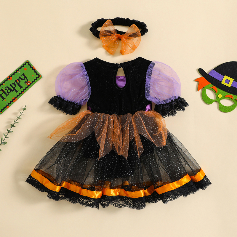 Baby Girl Halloween Puff Sleeve Tulle Romper Dress with Headband - Image 3