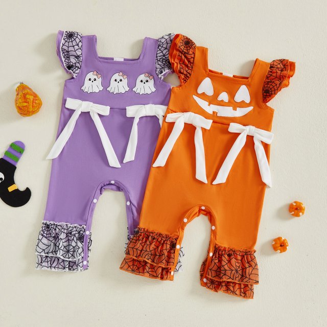 Baby Girl Halloween Ghost Romper with Fly Sleeves and Embroidery