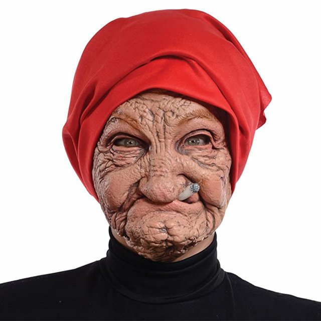 Smoking Granny Latex Halloween Mask - Realistic Old Woman Cosplay Costume
