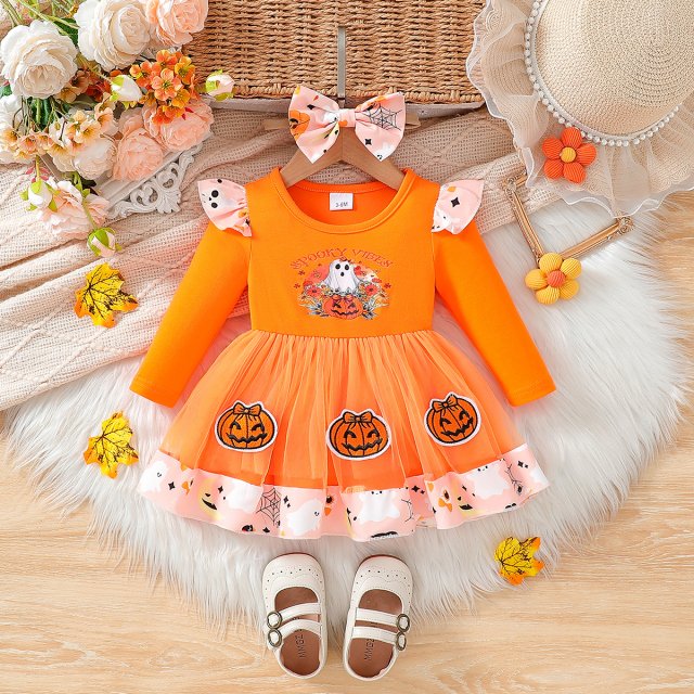 Baby Girl Halloween Pumpkin & Ghost Print Dress with Headband