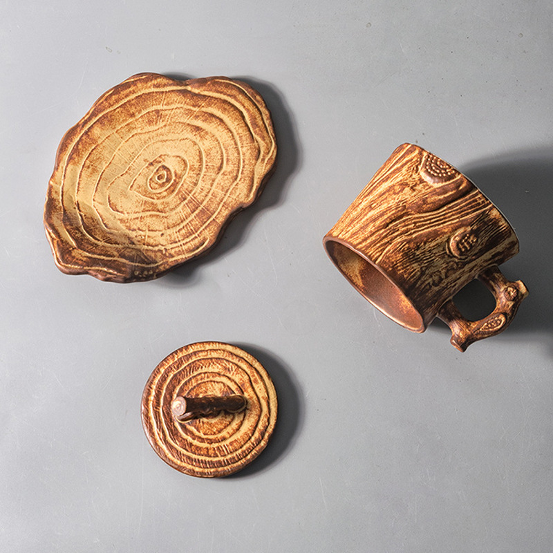 Creative Handmade Tree Stump Coffee Mug with Coaster - Image 3