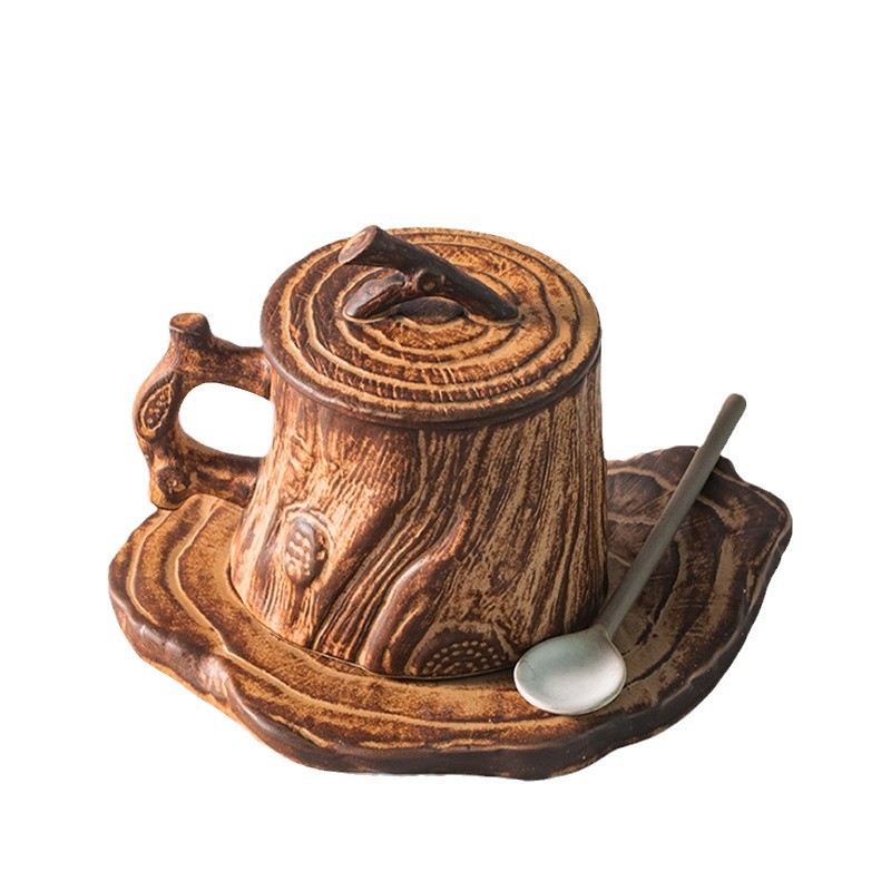 Creative Handmade Tree Stump Coffee Mug with Coaster - Image 5