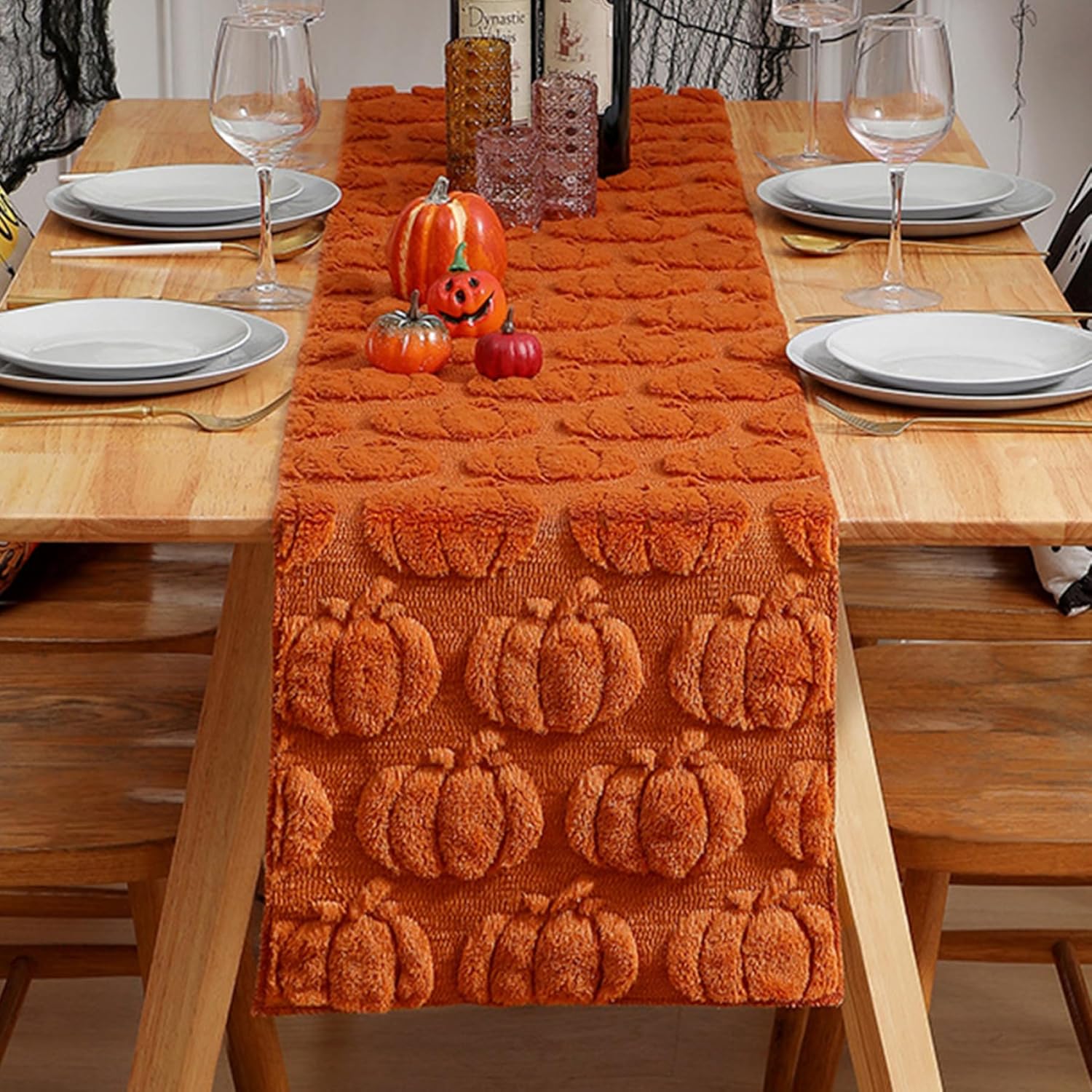 3D Pumpkins Plush Table Runner 13x72 Inch