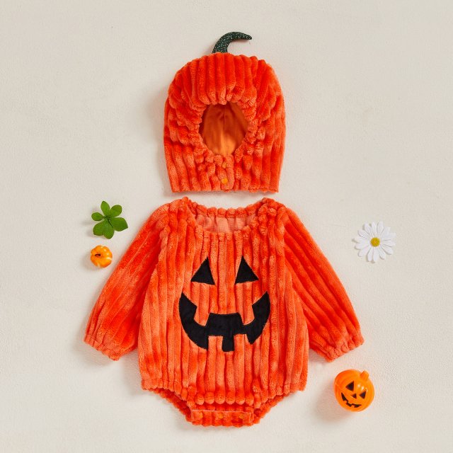 Baby Pumpkin Halloween Costume Romper with Hat for Infants