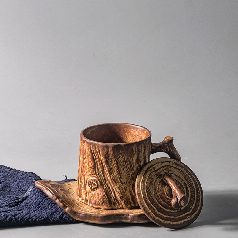 Creative Handmade Tree Stump Coffee Mug with Coaster - Image 2