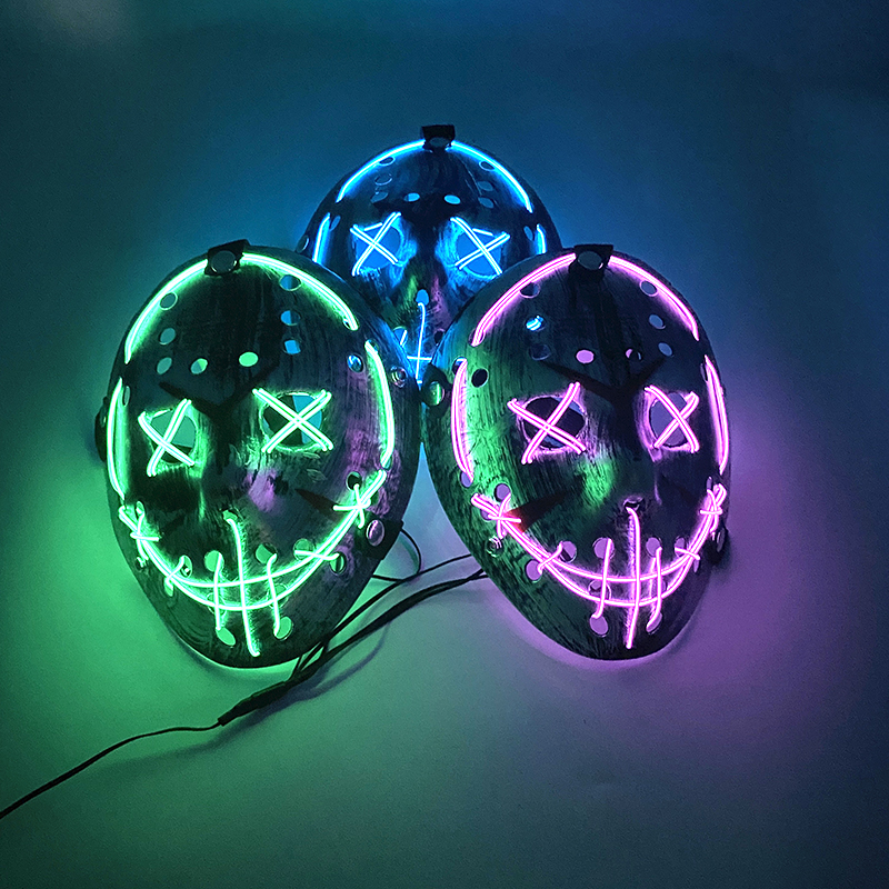 Horror Glow-In-The-Dark Jason Mask for Halloween & Cosplay – LED Light-Up Scary Hockey Mask