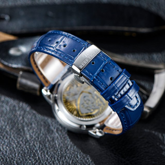 Luxury Rose Gold MoonPhase Automatic Watch with Blue Leather Strap - Image 4