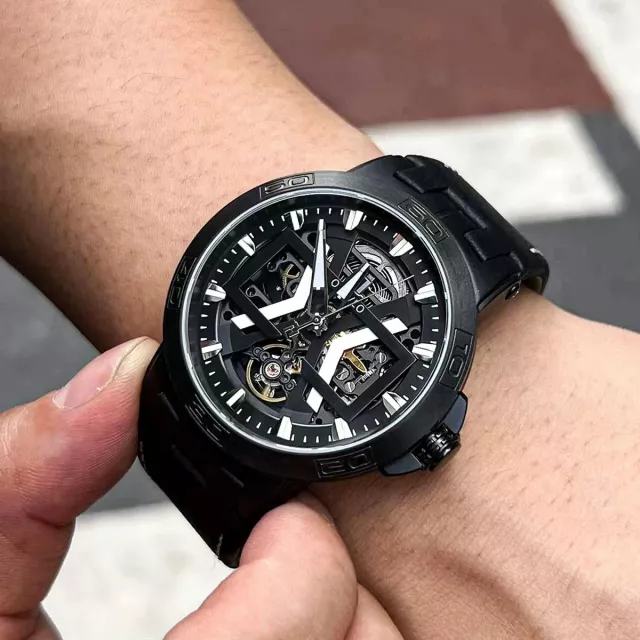All Black Automatic Skeleton Watch with Leather Strap – Men’s Big Waterproof Watch - Image 4