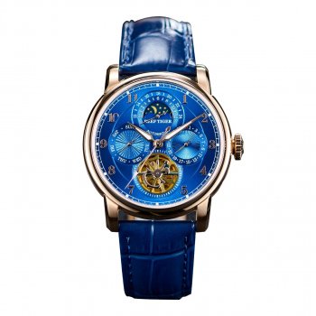 Luxury Rose Gold MoonPhase Automatic Watch with Blue Leather Strap
