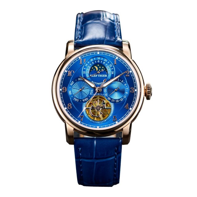 Luxury Rose Gold MoonPhase Automatic Watch with Blue Leather Strap