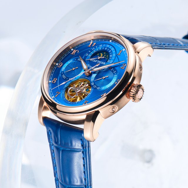 Luxury Rose Gold MoonPhase Automatic Watch with Blue Leather Strap - Image 3