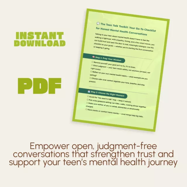 The Teen Talk Toolkit: Your Go-To Checklist for Honest Mental Health Conversations | Printable Digital Download | How to Talk to Your Teen About Mental Health Guide