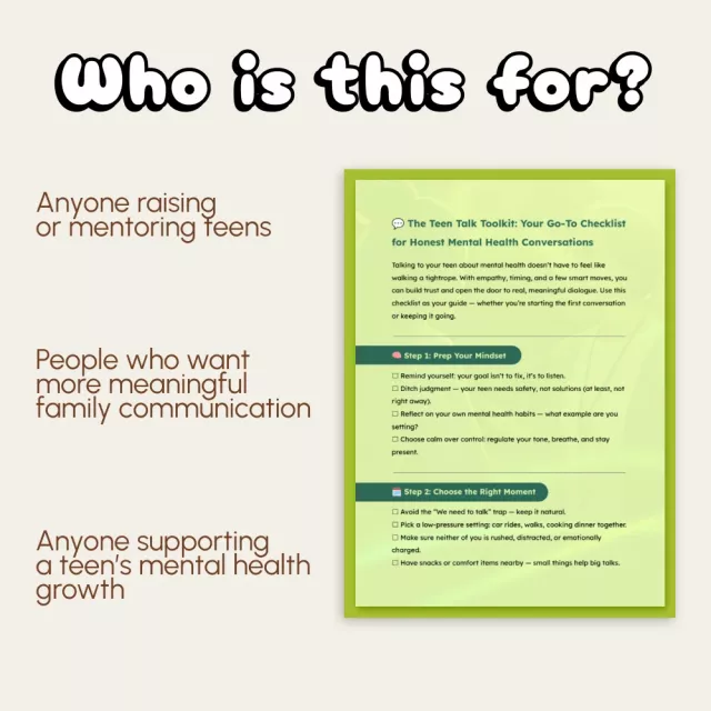 The Teen Talk Toolkit: Your Go-To Checklist for Honest Mental Health Conversations | Printable Digital Download | How to Talk to Your Teen About Mental Health Guide